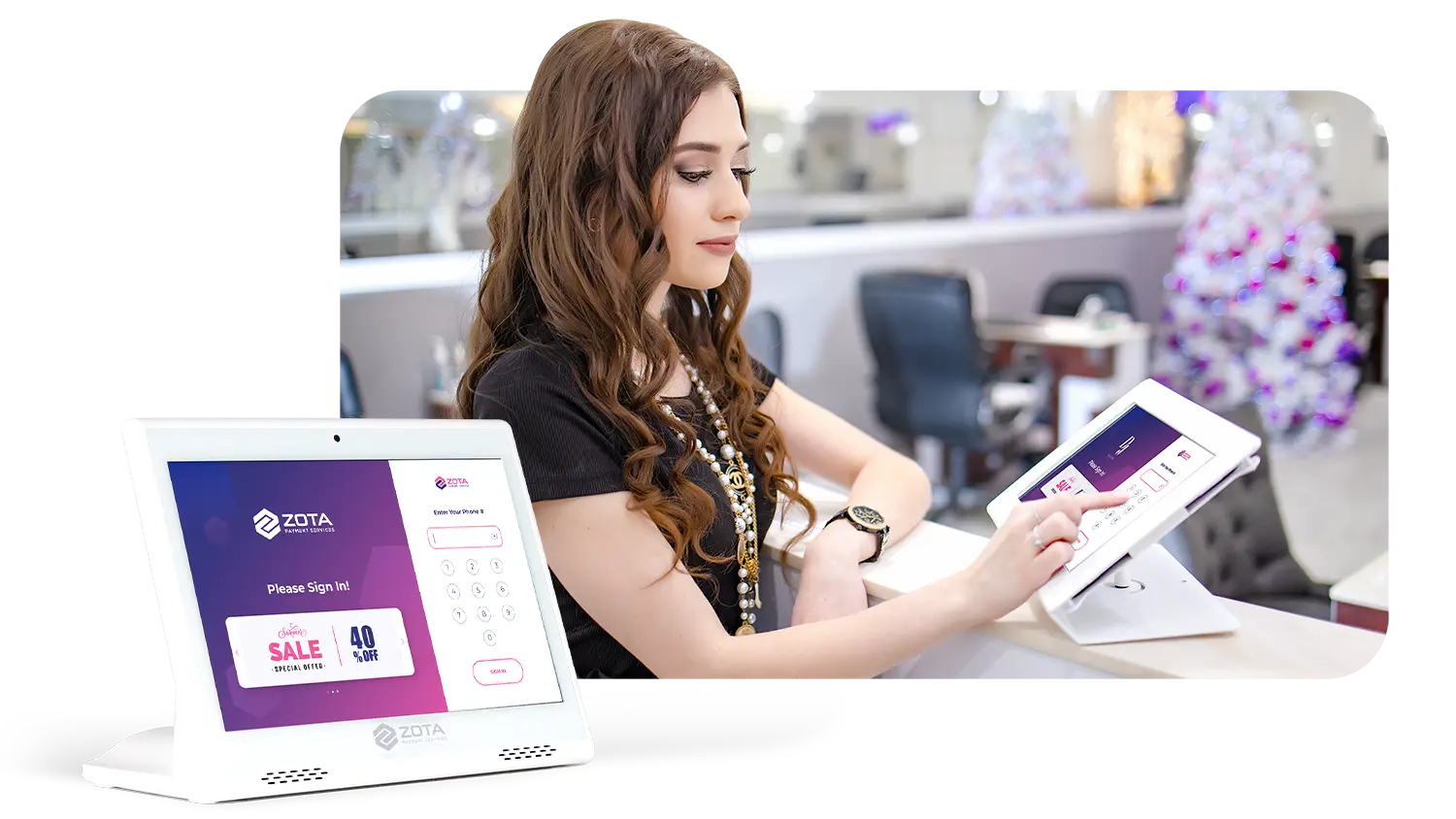 HOME-checkin Zota POS Check-in/Check-out Services with a tablet showing sign-in screen, used by a customer in a nail salon.