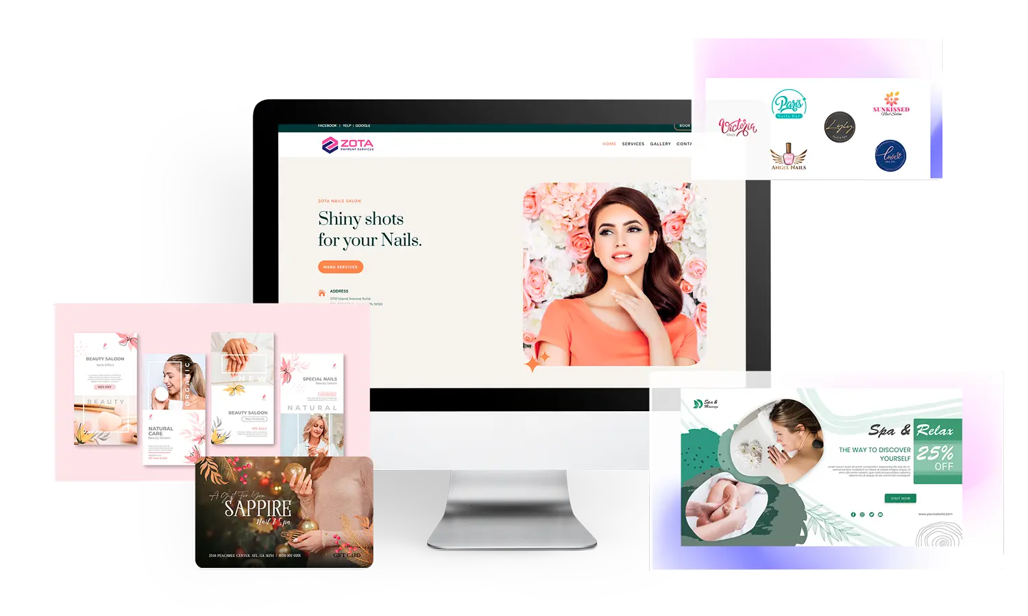 HOME-design-mockup "Zota Design Services showcasing website design, promotional graphics, and branding for nail salons on a computer monitor.