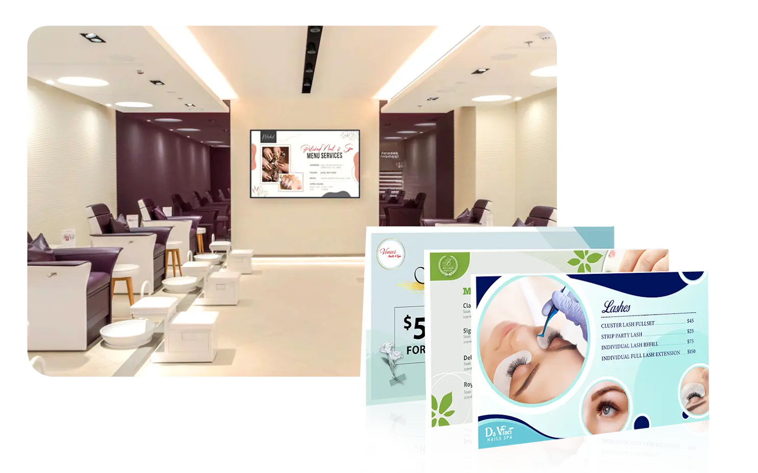 HOME-digital-service-2a Zota Digital Signage Service displaying menu services on a screen in a modern nail salon, with promotional flyers.