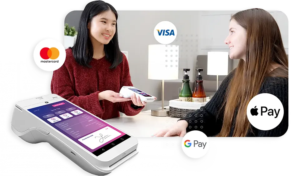 HOME-payment-service Zota Payment Services with a payment terminal accepting Mastercard, Visa, Apple Pay, and Google Pay, used in a salon.