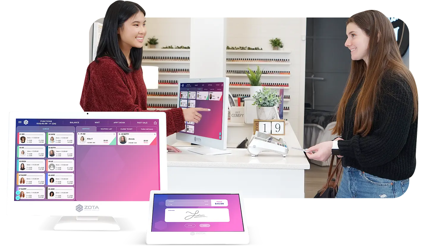 HOME-pos Zota All-In-One POS System for Nail Salons with monitor, tablet, and payment terminal, showing customer interaction.