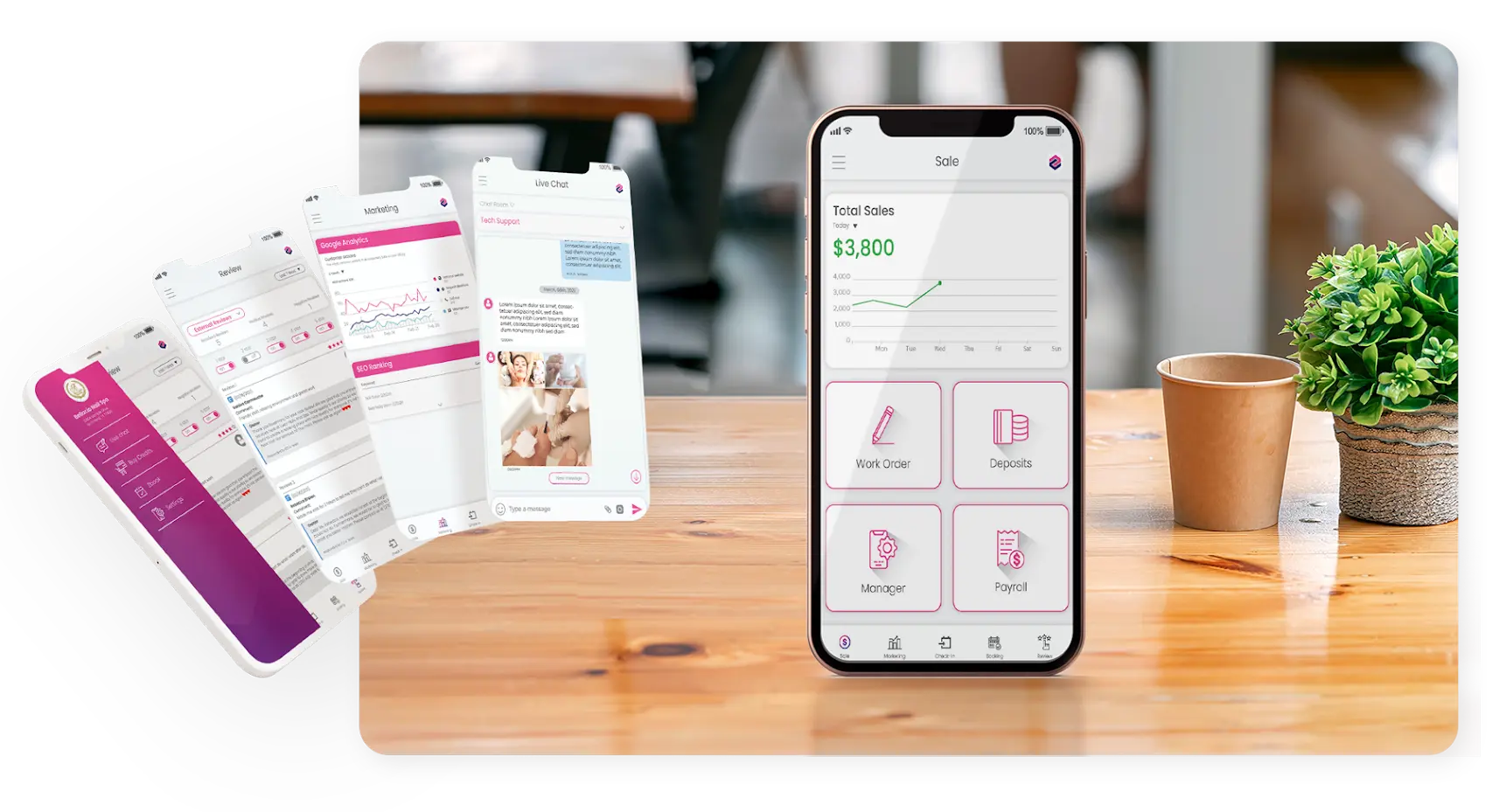 HOME-zomo-mobile Zota ZOMO Mobile App showing sales data, work orders, deposits, manager, and payroll features on a smartphone screen.