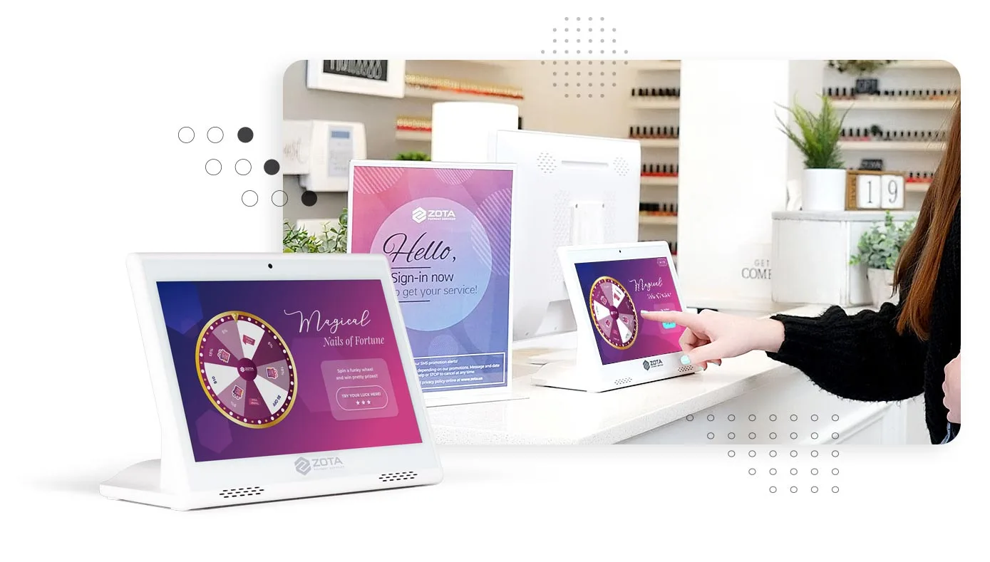 Check-in-minigame Zota check-in/check-out service featuring the 'Nails of Fortune' minigame on a touchscreen, enhancing customer engagement in a nail salon