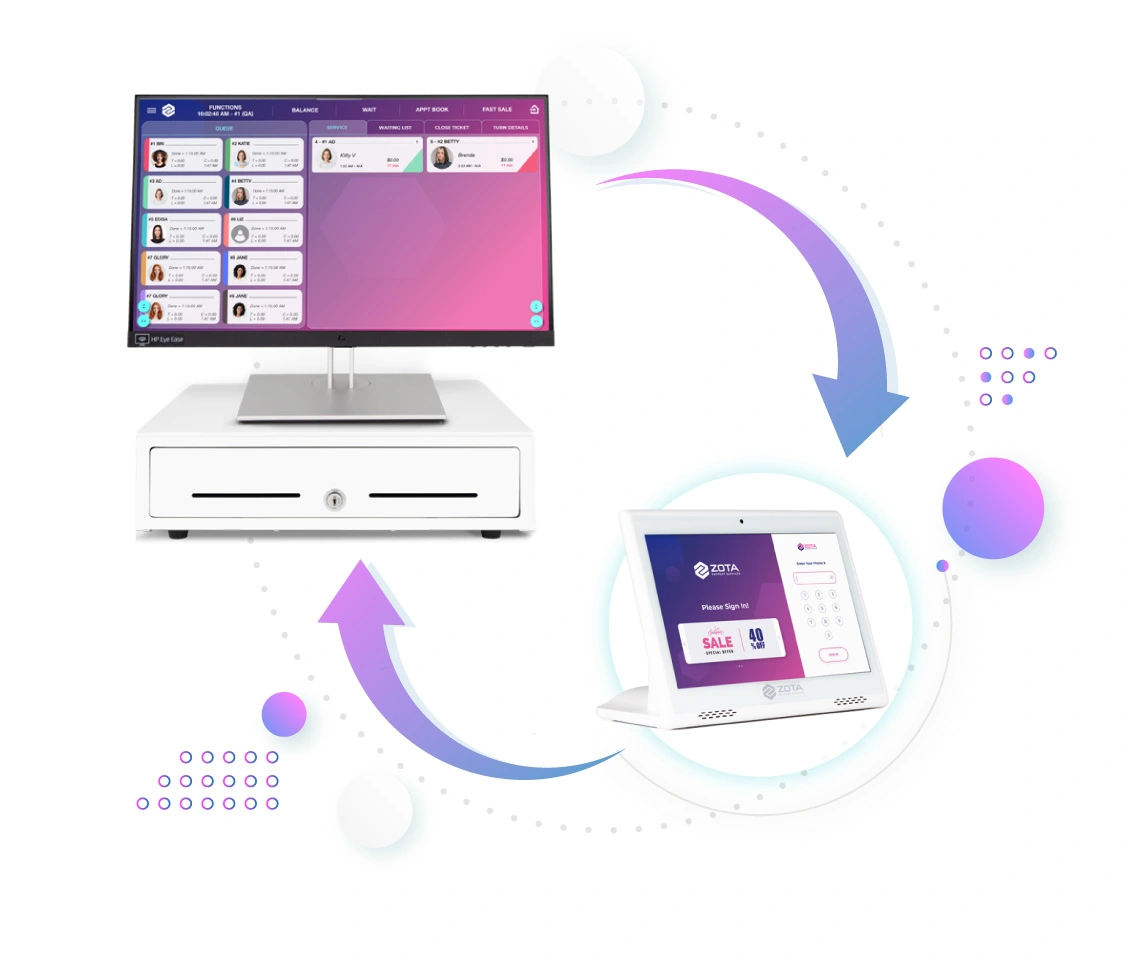 Check-in-system-new-01 Zota for check-in/check-out service in nail salons, featuring data collection and auto-update functions across devices