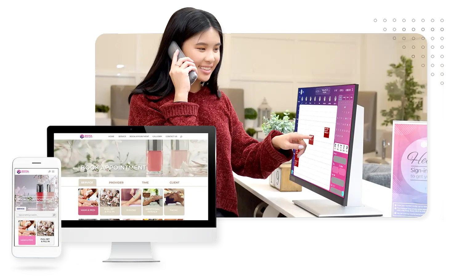 POS-booking Zota POS system for nail salon, highlighting online appointment scheduling, client receipts, and user-friendly touch screen interface