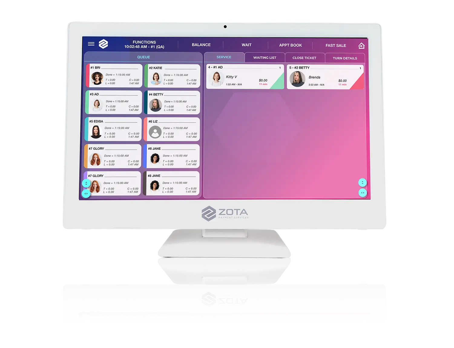 POS-manhinh-1 21-inch Zota POS screen for nail salon, showcasing queue management with client profiles, service details, and appointment booking.