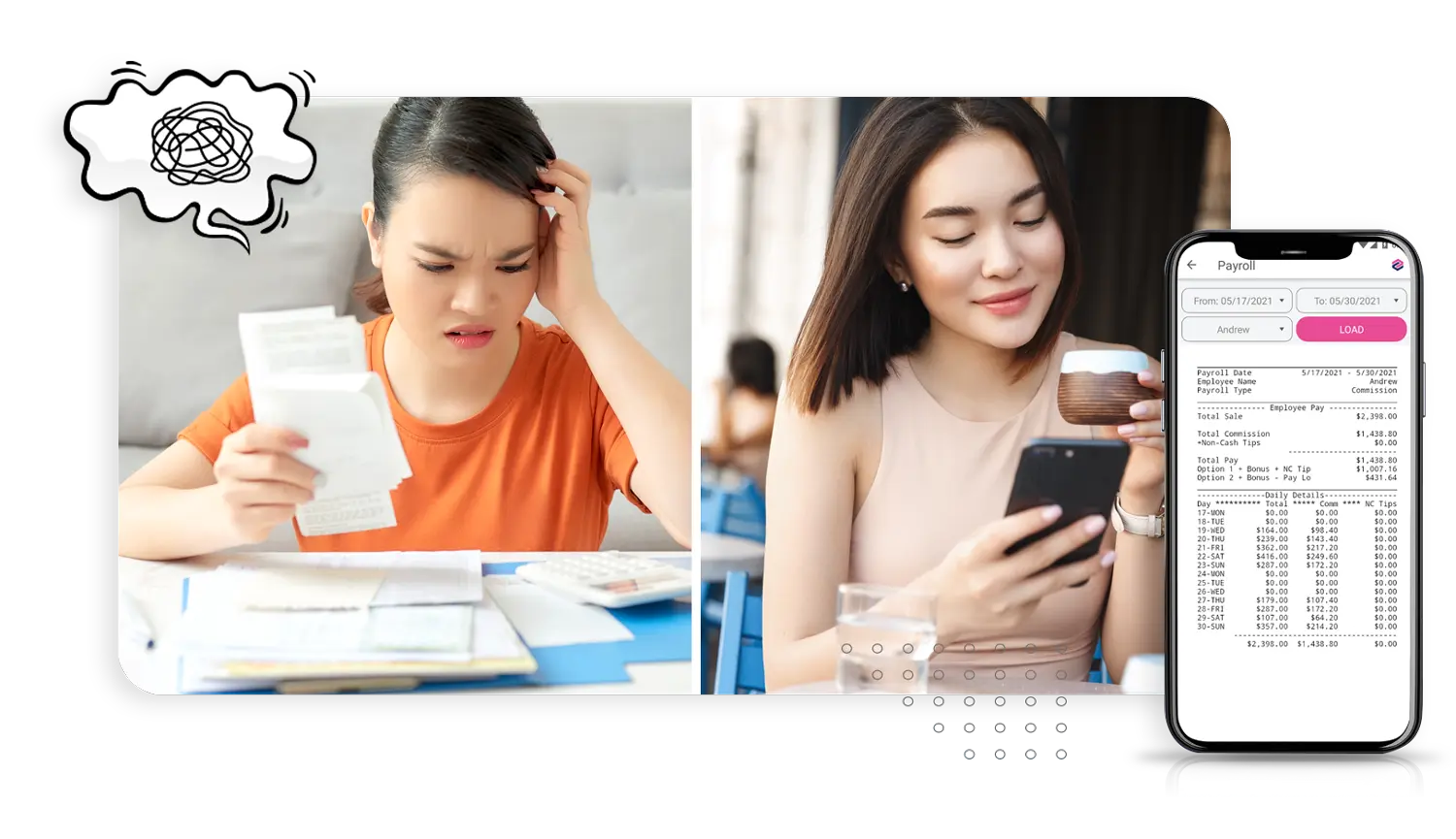 POS-tinh-luong Zota POS system for nail salon, showcasing payroll calculations, client receipts, and touch screen interface for streamlined operations.