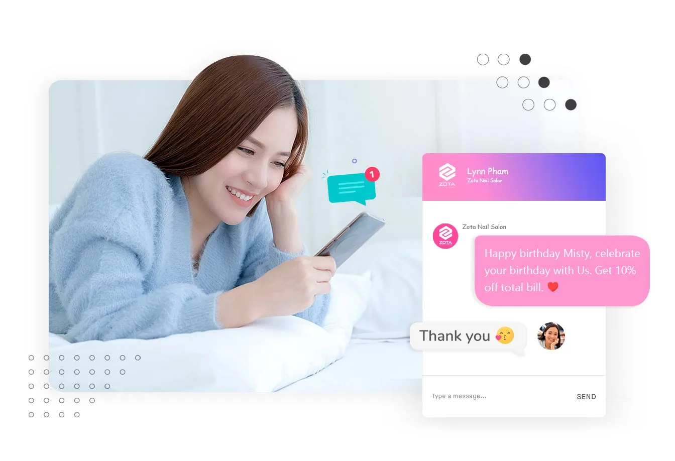 SMS-Email-Promotion-1 Zota check-in/check-out service with 'Keep in Touch' feature, allowing nail salons to engage customers with personalized messages at a low cost.