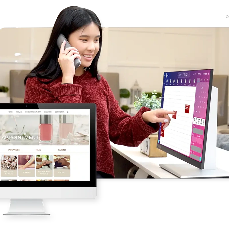 POS-booking (1) Complete NAIL Salon POS system by Zota with monitor, tablet, smartphone, and receipt printer showing salon management interface.